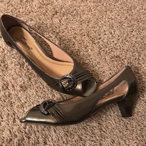 Pewter patent leather peep toe low heel shoes